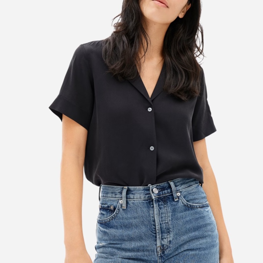 Everlane Clean Silk Short-Sleeve Notch Collar Blouse, Sz 6 - Black